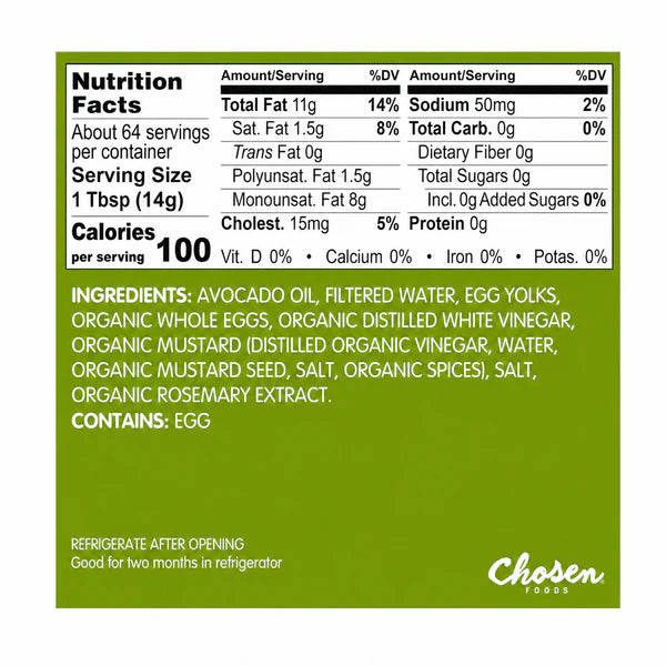 Chosen Foods Classic Avocado Oil Mayonnaise 32 oz – Keto, Paleo, Gluten-Free & Dairy-Free Mayo