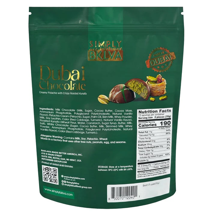 Simply BKLVA Dubai Chocolate, Creamy Pistachio with Crispy Roasted Kunafa, 15.87 oz, 26 Pieces