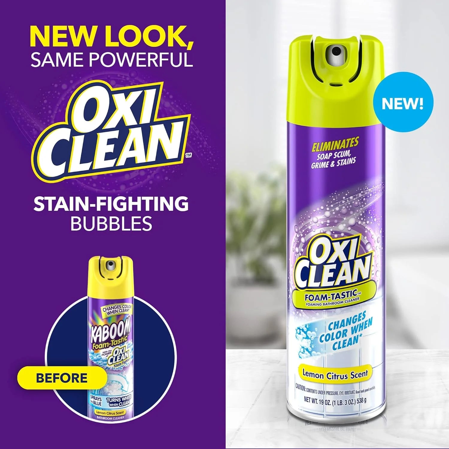 Kaboom OxiClean Foam-Tastic™ Foaming Bathroom Cleaner, Citrus Scent, Eliminates Soap Scum, Grime and Stains, 19 oz Spray