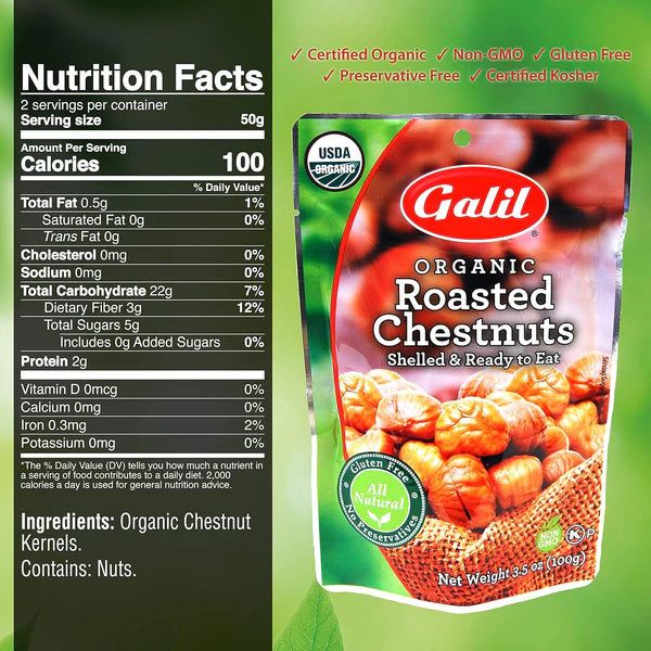Galil Organic Roasted Chestnuts Snack Packs, Gluten Free & Vegan, Ready to Eat Shelled Chestnuts, 3.5 Oz
