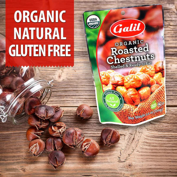 Galil Organic Roasted Chestnuts Snack Packs, Gluten Free & Vegan, Ready to Eat Shelled Chestnuts, 3.5 Oz