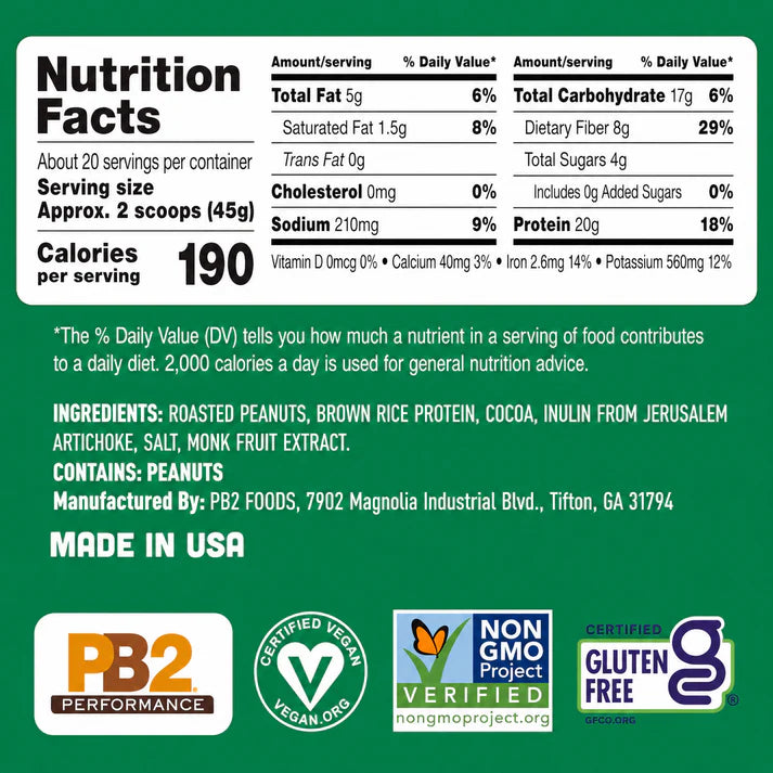 PB2 Performance Vegan Protein Powder with Cocoa, 20g Plant-Based Protein, No Added Sugar, Gluten Free, Non-GMO, 2 lb