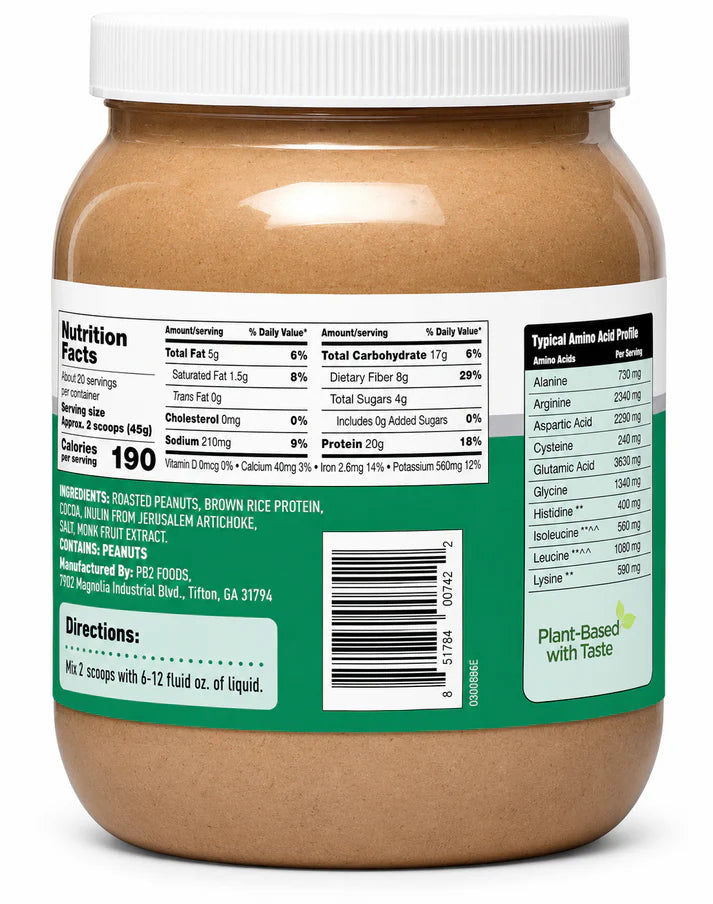 PB2 Performance Vegan Protein Powder with Cocoa, 20g Plant-Based Protein, No Added Sugar, Gluten Free, Non-GMO, 2 lb
