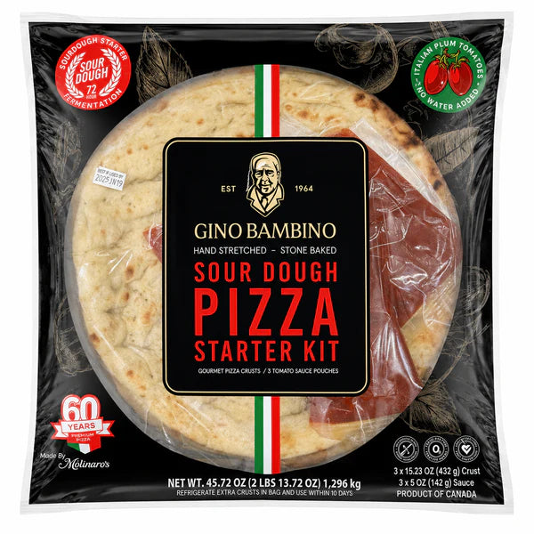 Gino Bambino Sourdough Pizza Starter Kit – 3 Stone-Baked Pizza Crusts & Tomato Sauce, 72-Hour Fermented, 45.72 oz