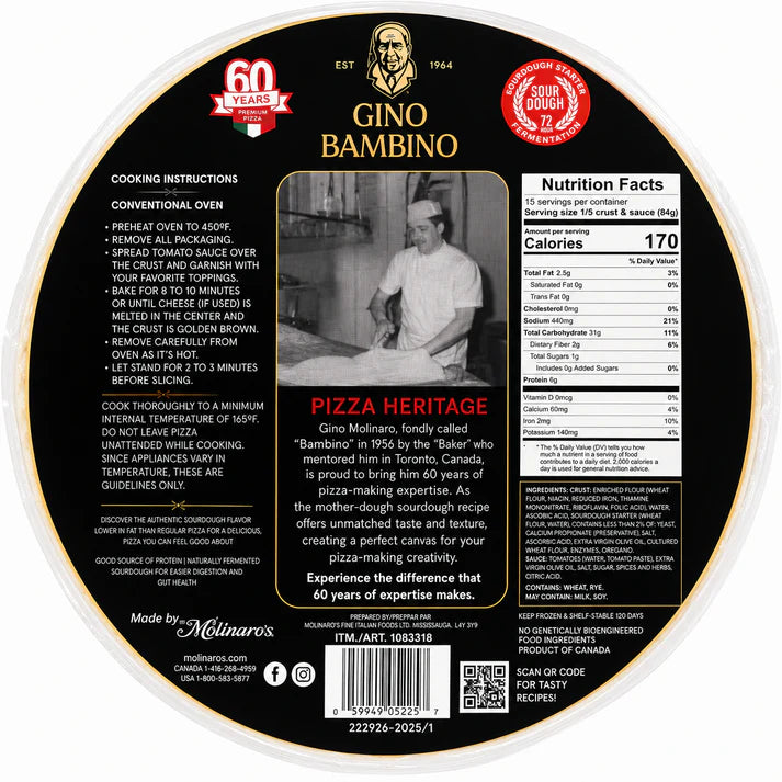 Gino Bambino Sourdough Pizza Starter Kit – 3 Stone-Baked Pizza Crusts & Tomato Sauce, 72-Hour Fermented, 45.72 oz