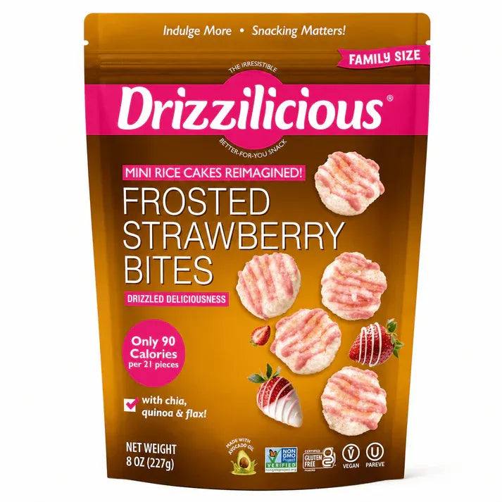 Drizzilicious Frosted Strawberry Mini Rice Cakes – Healthy Snack with Chia, Quinoa & Flax, 90 Calories, Gluten-Free, Family Size 8oz