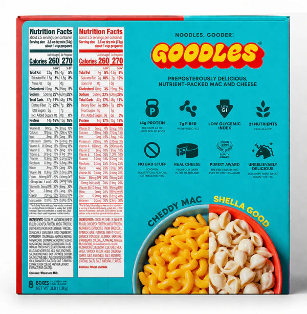 Goodles Mac & Cheese Variety Pack, 8 Boxes, High Protein & Fiber, Real Cheese, Prebiotics & Plant Nutrients