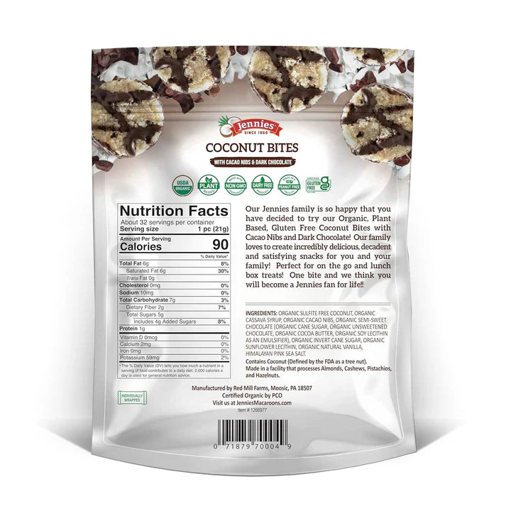 Jennie’s Organic Coconut & Dark Chocolate Bites with Cacao Nibs, Vegan Gluten Free Snack, 24 Oz
