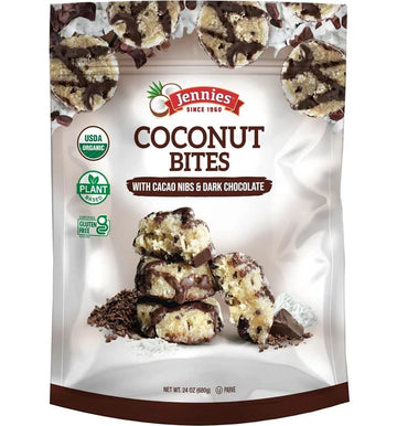 Jennie’s Organic Coconut & Dark Chocolate Bites with Cacao Nibs, Vegan Gluten Free Snack, 24 Oz