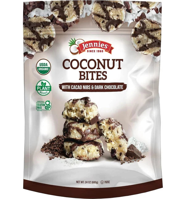 Jennie’s Organic Coconut & Dark Chocolate Bites with Cacao Nibs, Vegan Gluten Free Snack, 24 Oz